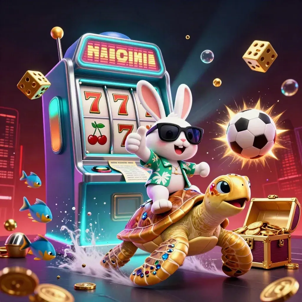 Coniglio 3D su tartaruga d’oro, slot, pallone e basket, luci neon su sfondo scuro.