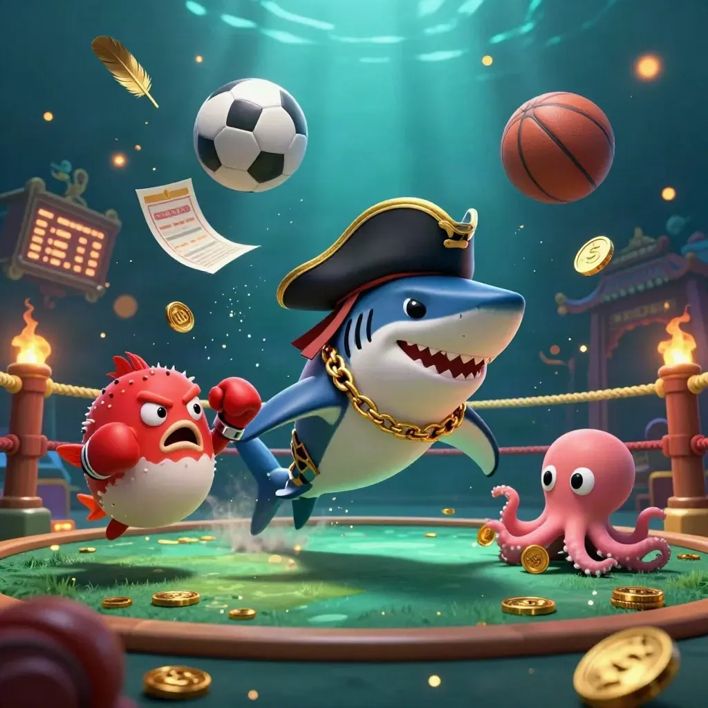 Squalo pirata, pesce palla e polpo con monete in un’arena sottomarina luccicante.