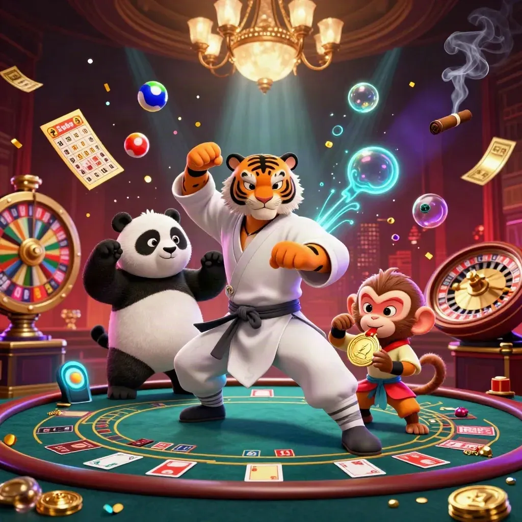Tigre maestro, panda e scimmia in un casino lussuoso con ruota, carte e bagliori teal e oro.