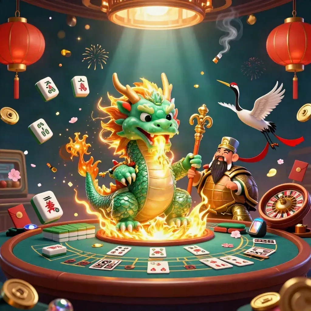Drago di giada, saggio tartaruga e gru tra scintille dorate in un casinò lussuoso.