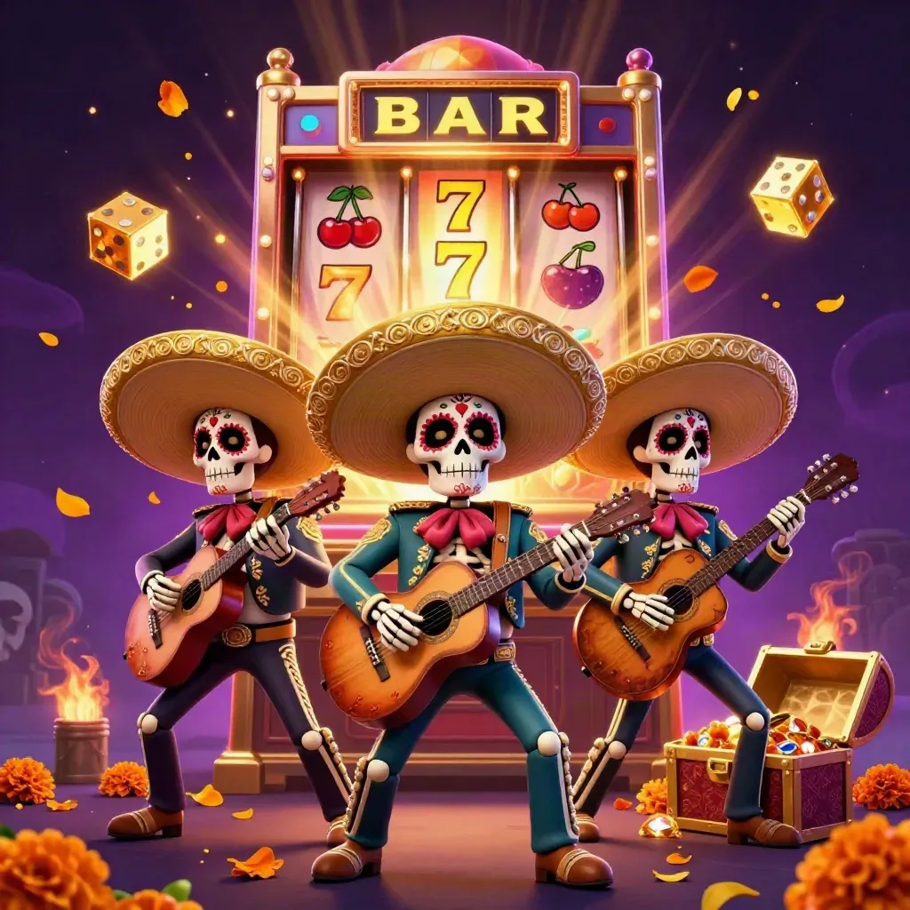 Tre skeleton mariachi tra luci festive, slot esplosa e tesoro dorato su sfondo viola.