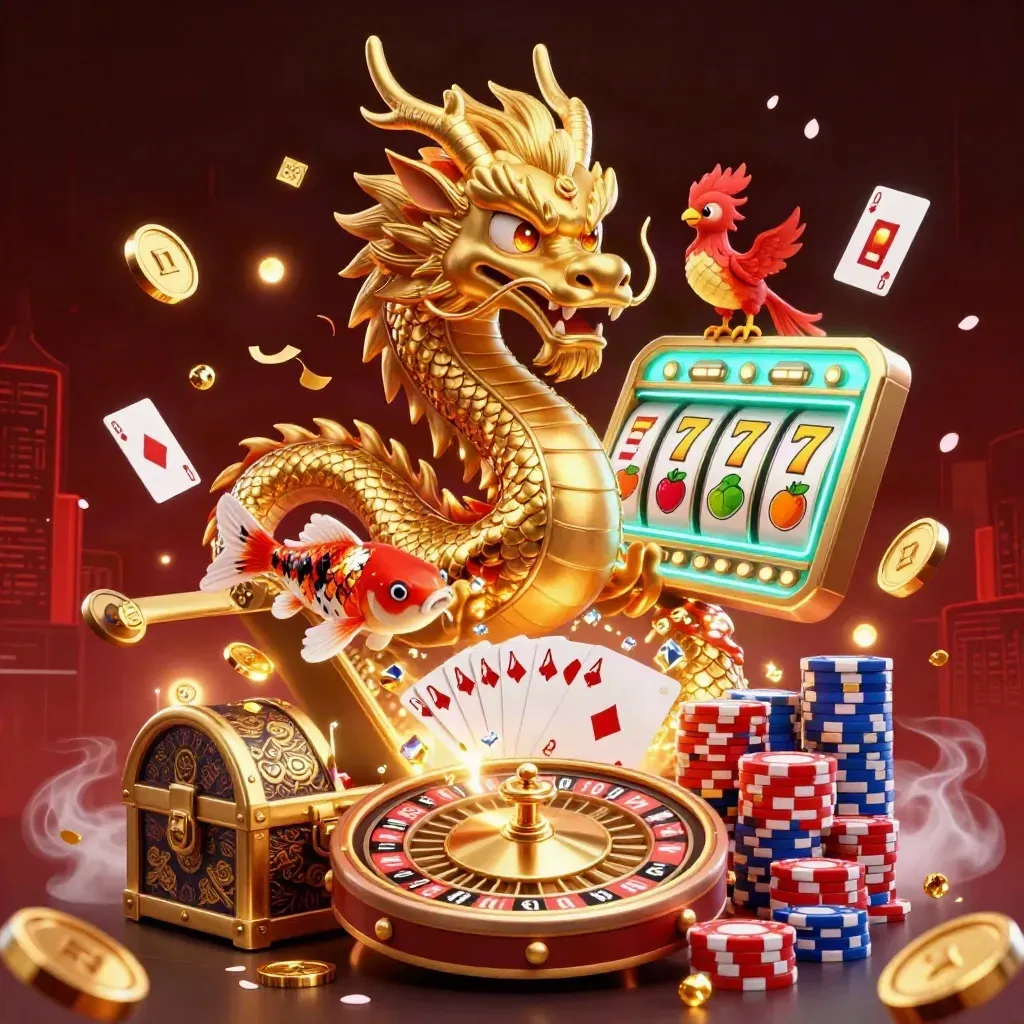 Drago d’oro, fenice rossa e koi tra monete, carte e roulette scintillanti.