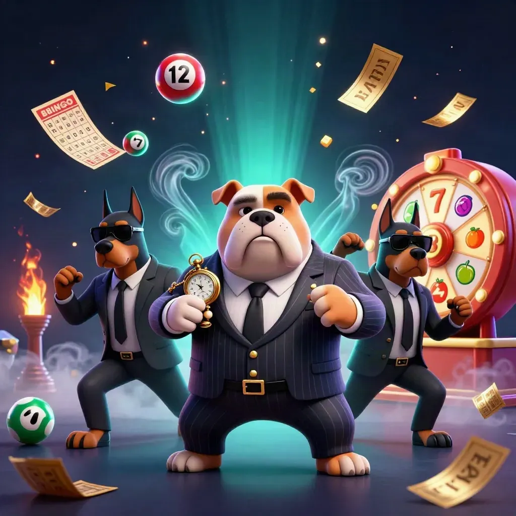 Bulldog boss in abito con due dobermann, palline, ruota premio e scintille su fondo blu notte.