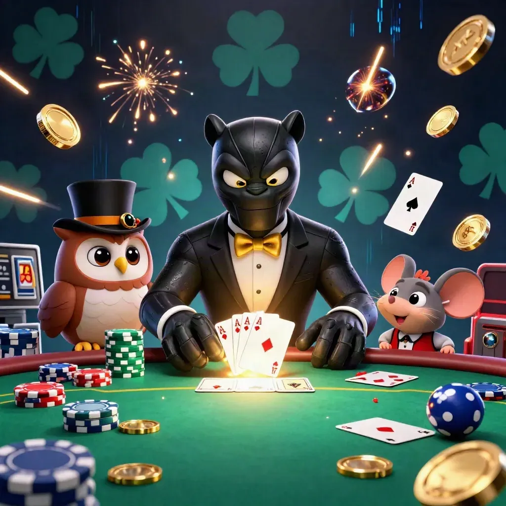 Pantera, gufo e topo tra carte, fiches e monete d’oro in un’esplosione da casinò.