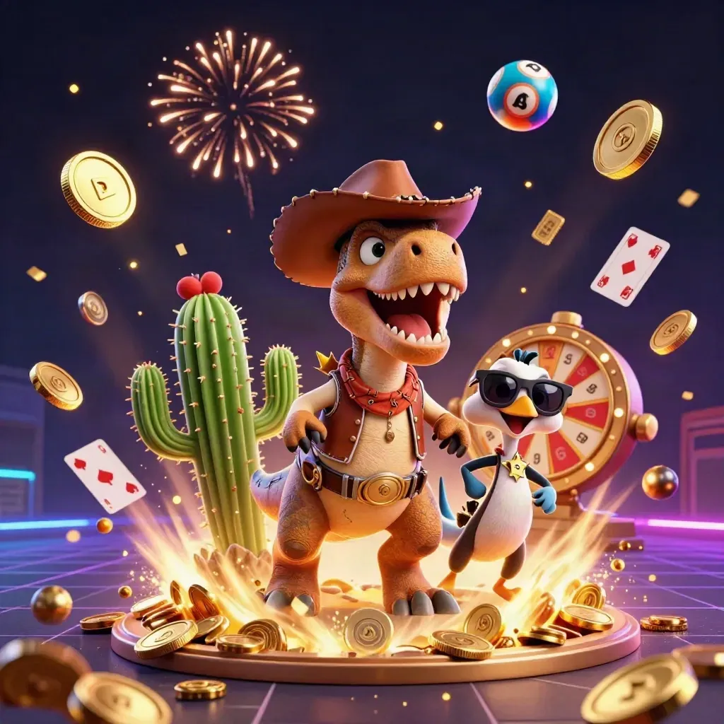 Tre personaggi cartoon emergono da un caveau esploso con monete, lotteria e luci dorate.