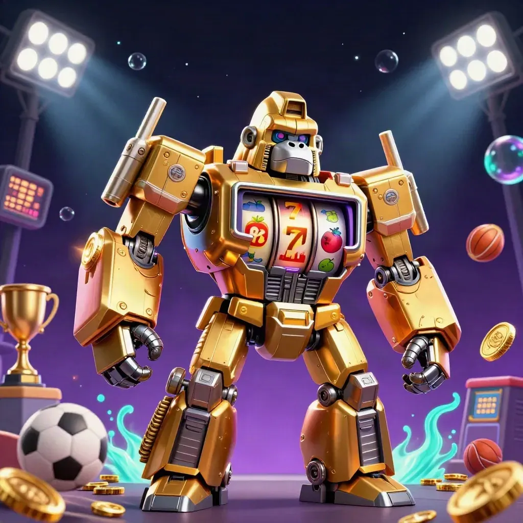 Gorilla mech d’oro con scimmia pilota, palloni e monete in bagliori teal e oro.