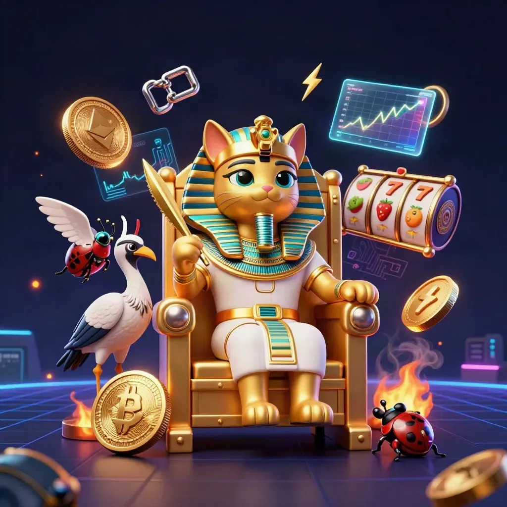 Gatto faraone dorato, ibis scriba e scarabei tra monete crypto su sfondo neon scuro.